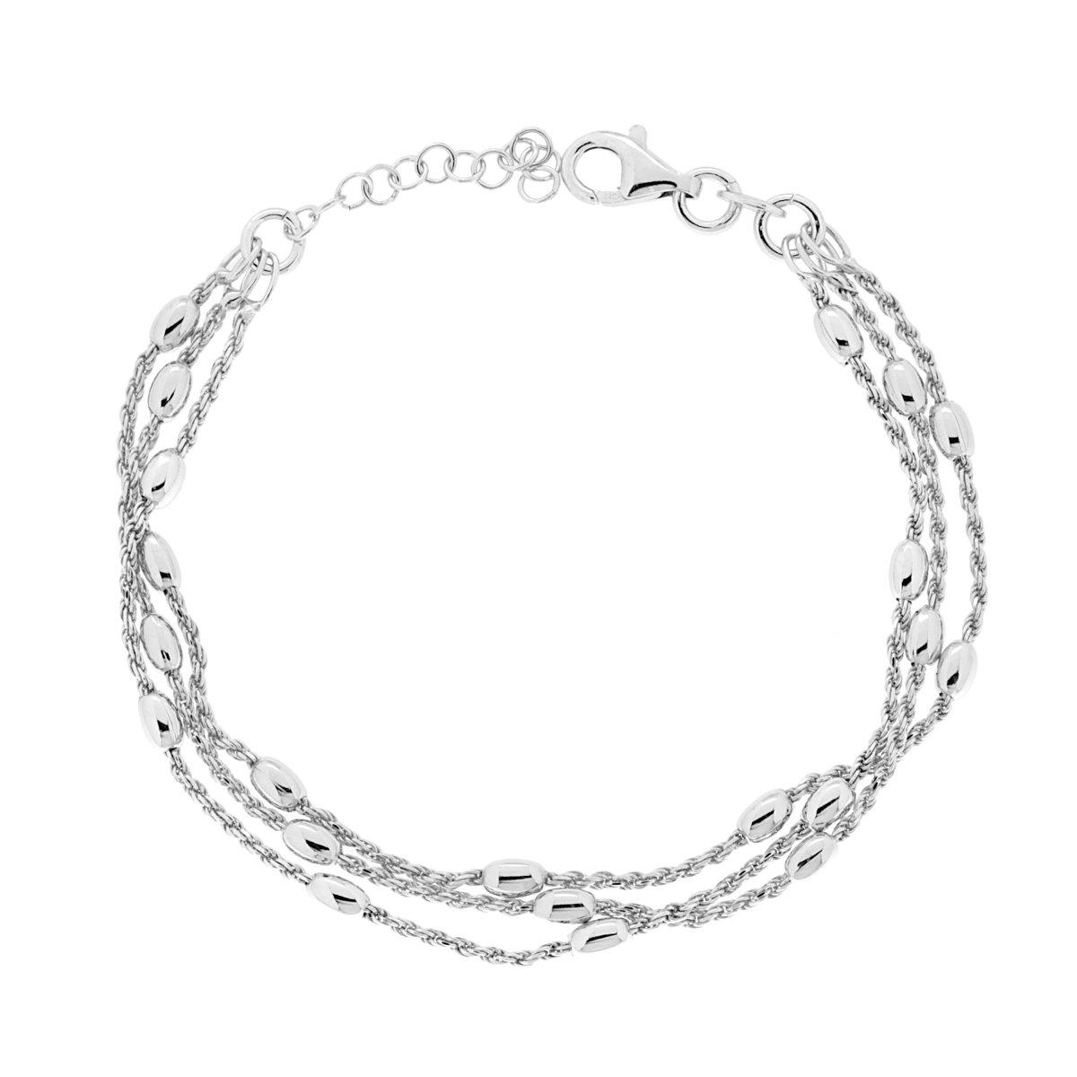Bracciale tre fili Catena Corda Diamantata con Ovali bombati in ARGENTO 925 Galvanica Rodio
