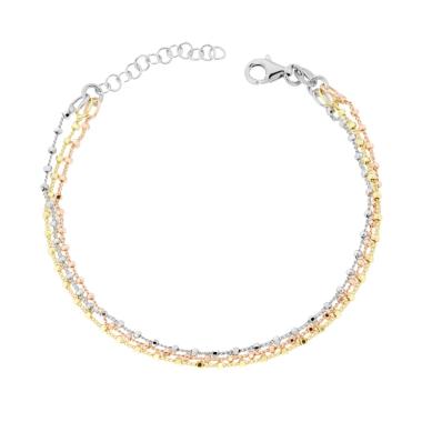Bracciale tre fili Catena Grumetta con Cilindretti Diamantati in ARGENTO 925 Galvanica Rodio Oro e Rosa