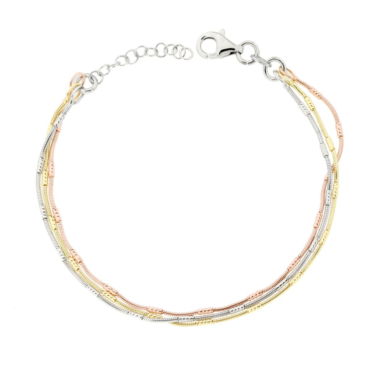 Bracciale tre fili Catena Coda di Topo con Cilindretti Diamantati in ARGENTO 925 Galvanica Rodio Oro e Rosa