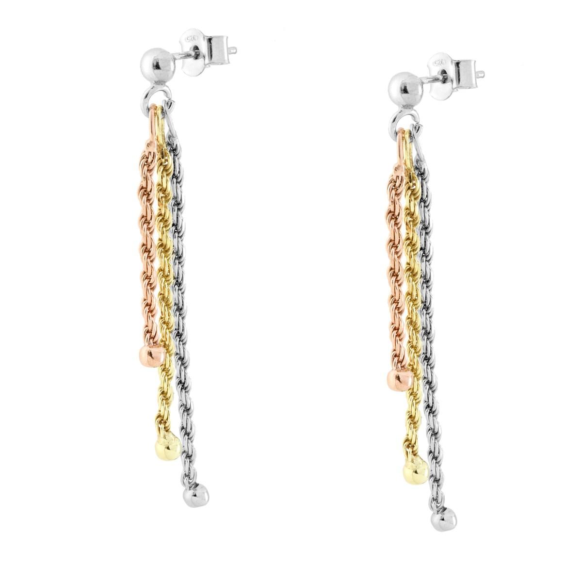 Orecchini Lunghi tre fili Catena Corda Diamantata in ARGENTO 925 Galvanica Rodio Oro e Rosa