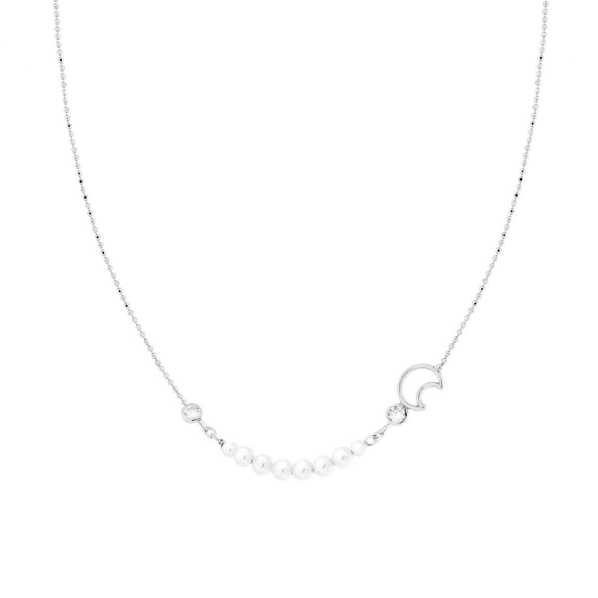 Collana Catena Palline Diamantate con Luna Cubic Zirconia Bianchi e Perle in ARGENTO 925 Galvanica Rodio