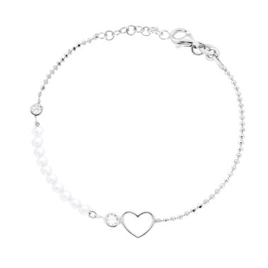 Bracciale Catena Palline Diamantate con Cuore Cubic Zirconia Bianchi e Perle in ARGENTO 925 Galvanica Rodio