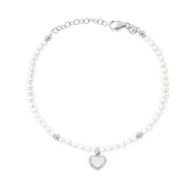 Bracciale Filo Perla Bianca in vetro perlato con Cuore e Cubic Zirconia Bianchi in ARGENTO 925 Galvanica Rodio