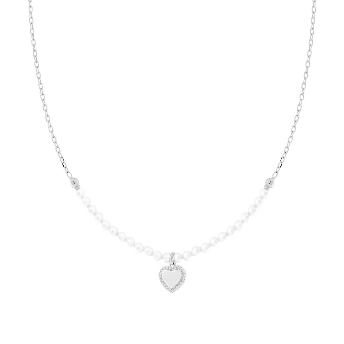 Collana con Catena Forzatina Diamantata e Filo Perla Bianca in vetro perlato con Cuore e Cubic Zirconia Bianchi in ARGENTO 925 Galvanica Rodio