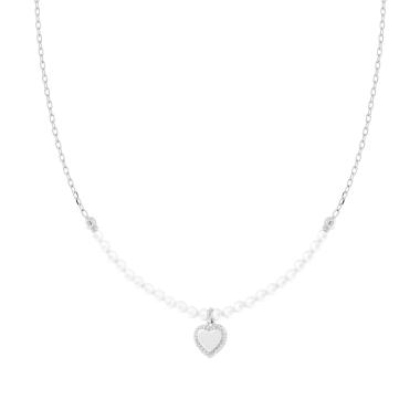 Collana con Catena Forzatina Diamantata e Filo Perla Bianca in vetro perlato con Cuore e Cubic Zirconia Bianchi in ARGENTO 925 Galvanica Rodio