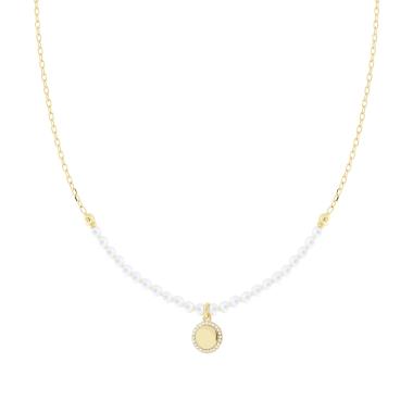 Collana con Catena Forzatina Diamantata e Filo Perla Bianca in vetro perlato con Tondo e Cubic Zirconia Bianchi in ARGENTO 925 Galvanica Oro