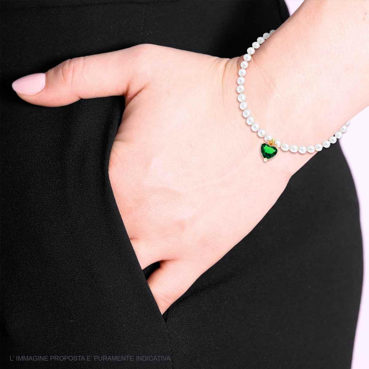 Bracciale Filo Perla con Cuore Cubic Zirconia Verde Smeraldo in ARGENTO 925 Galvanica Oro