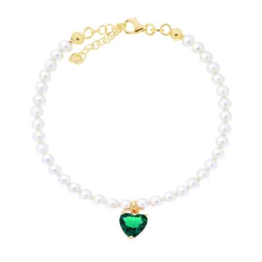Bracciale Filo Perla con Cuore Cubic Zirconia Verde Smeraldo in ARGENTO 925 Galvanica Oro
