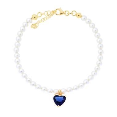Bracciale Filo Perla con Cuore Cubic Zirconia Blu Zaffiro in ARGENTO 925 Galvanica Oro
