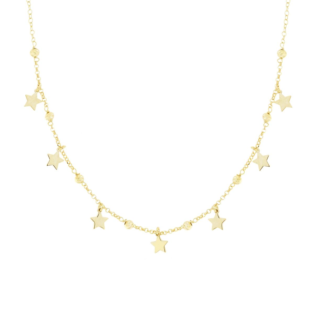 Collana Catena Rolo con Palline Diamantate e Stelle plain pendenti in ARGENTO 925 Galvanica Oro