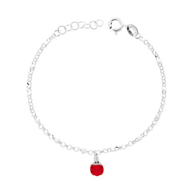 Bracciale Bimbo Bimba Catena Rolo Diamantata con Coccinella smalto Rosso e Bianco in ARGENTO 925