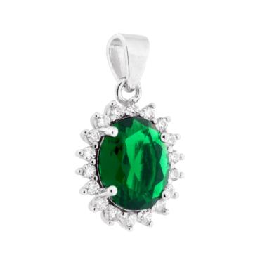 Ciondolo Ovale Verde Smeraldo contornato da Cubic Zirconia Bianchi in ARGENTO 925 Galvanica Rodio