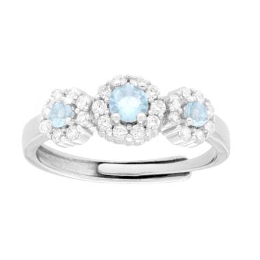 Anello Trilogy Fiore Acquamarina contornato da Cubic Zirconia Bianchi in ARGENTO 925 Galvanica Rodio