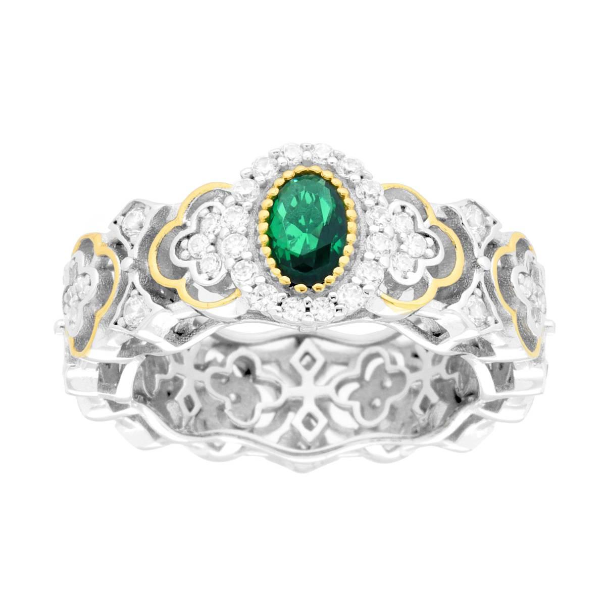Anello Fascia con Ovale Verde Smeraldo e Cubic Zirconia Bianchi in ARGENTO 925 Galvanica Rodio e Oro