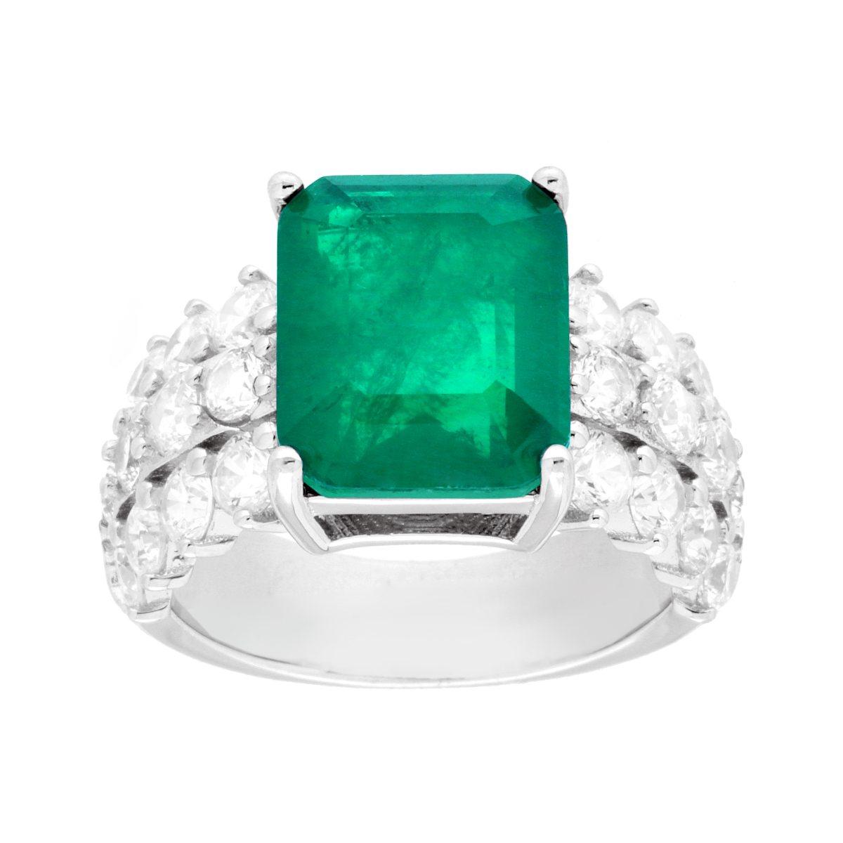 Anello Fascia con Rettangolo Pietra Naturale Verde Smeraldo e Cubic Zirconia Bianchi in ARGENTO 925 Galvanica Rodio