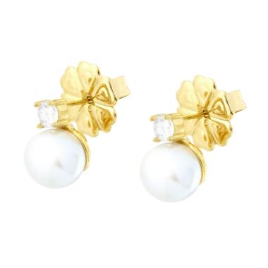 Orecchini Perla mm 8 con Punto Luce Crystal Bianco in ACCIAIO colore Oro