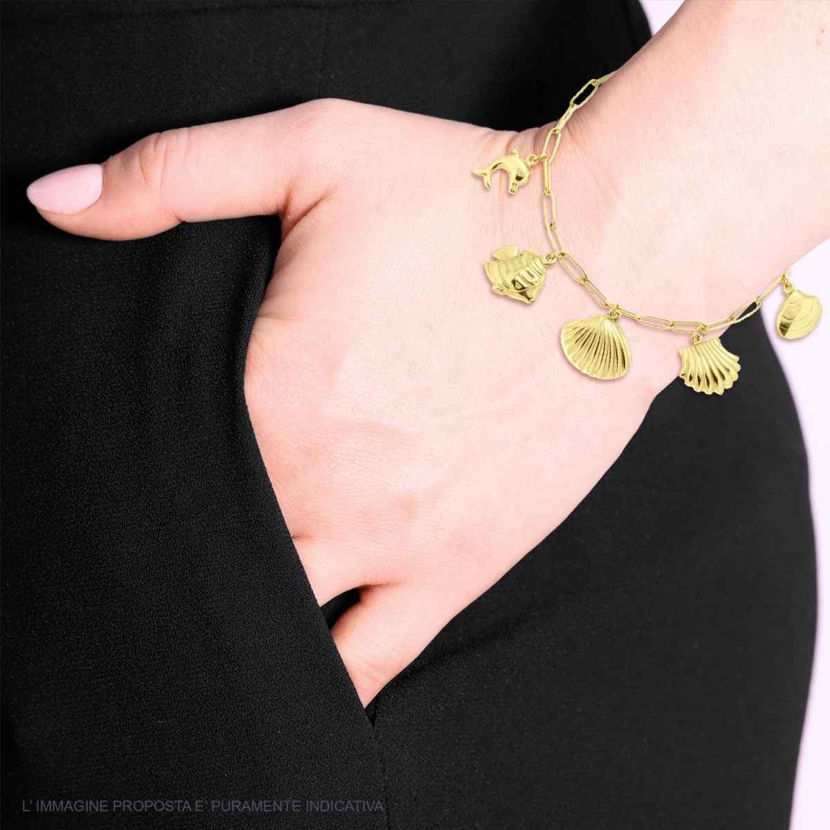 Bracciale Catena Forzatina allungata con Conchiglie Delfino e Pesci in ACCIAIO colore Oro