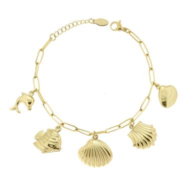 Bracciale Catena Forzatina allungata con Conchiglie Delfino e Pesci in ACCIAIO colore Oro