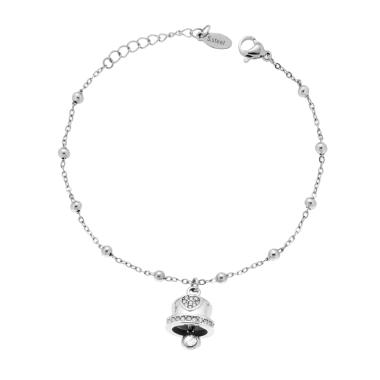 Bracciale Catena Forzatina Diamantata con Campanella e Crystal Bianchi in ACCIAIO