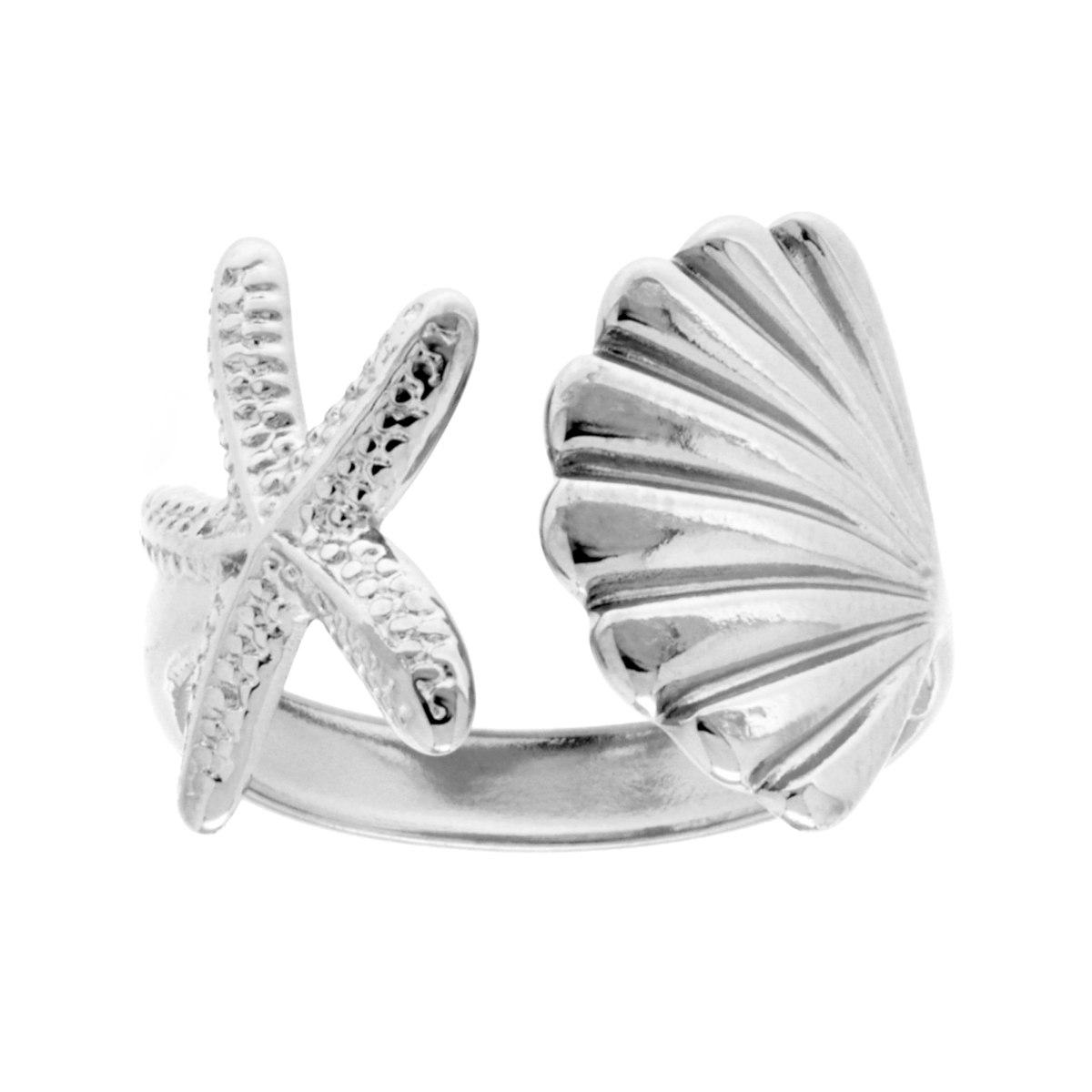 Anello Contrarie con Accessori Mare Conchiglia e Stella Marina in ACCIAIO