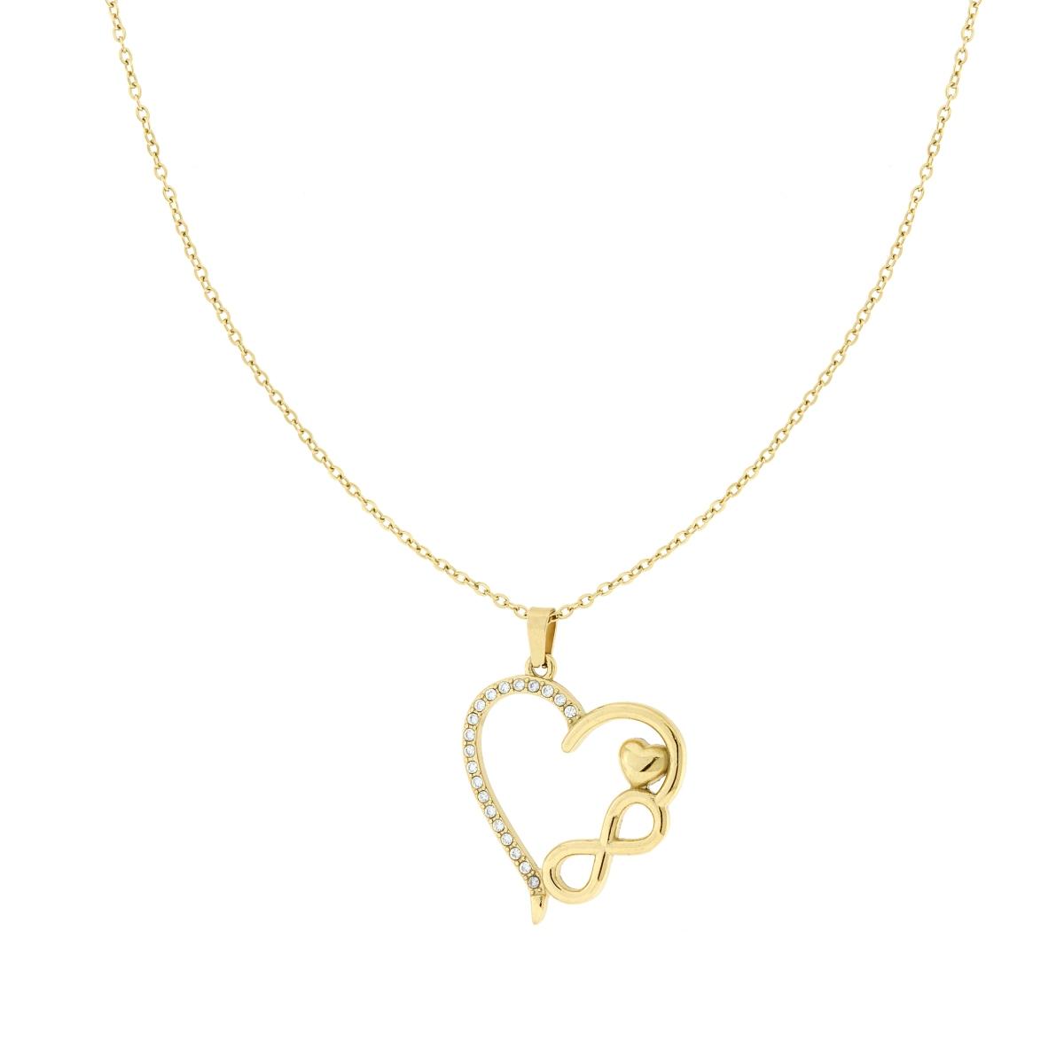 Collana Catena Forzatina Diamantata con Cuore e Infinito con Crystal Bianchi in ACCIAIO colore Oro