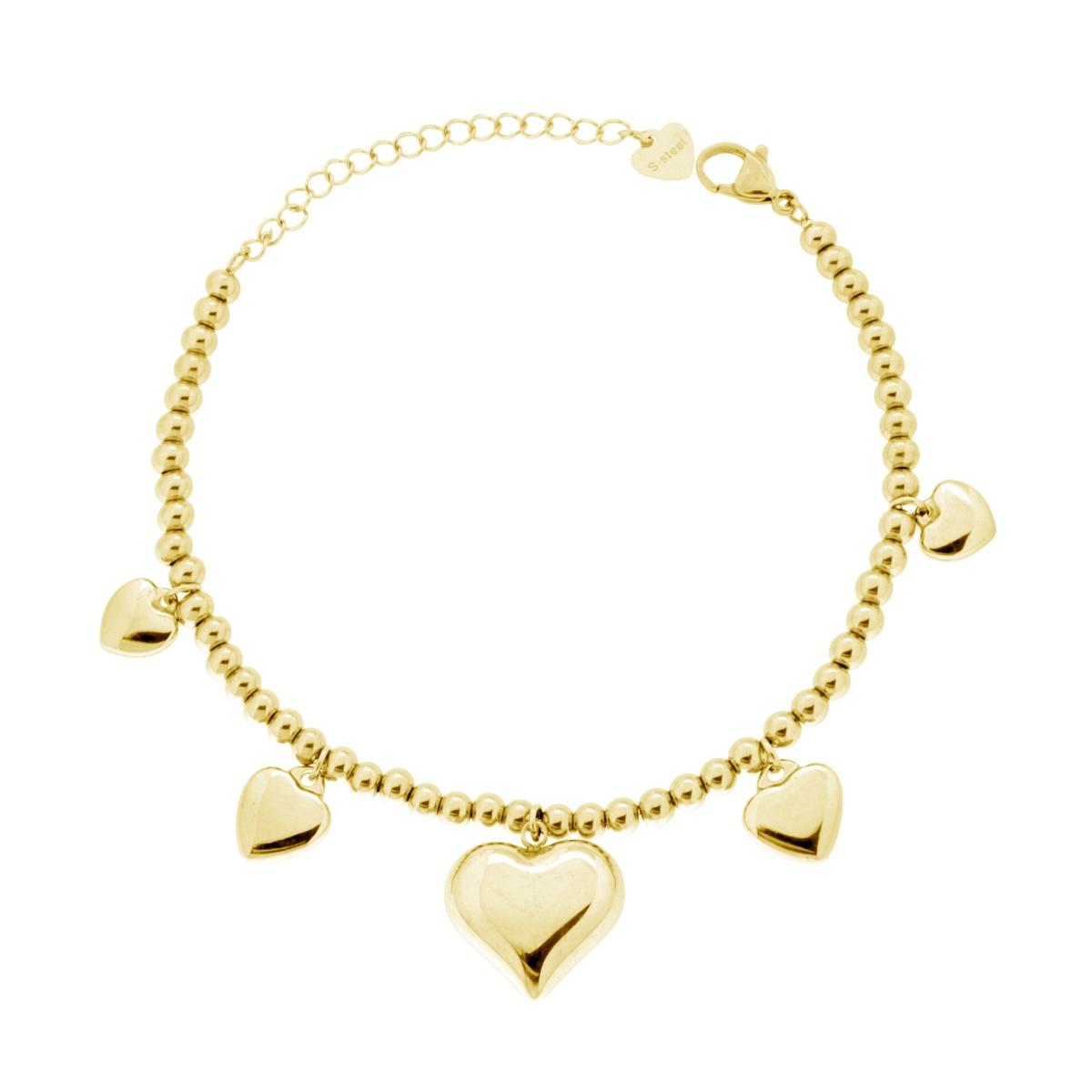 Bracciale Catena con Palline e Cuori Bombati pendenti in ACCIAIO colore Oro