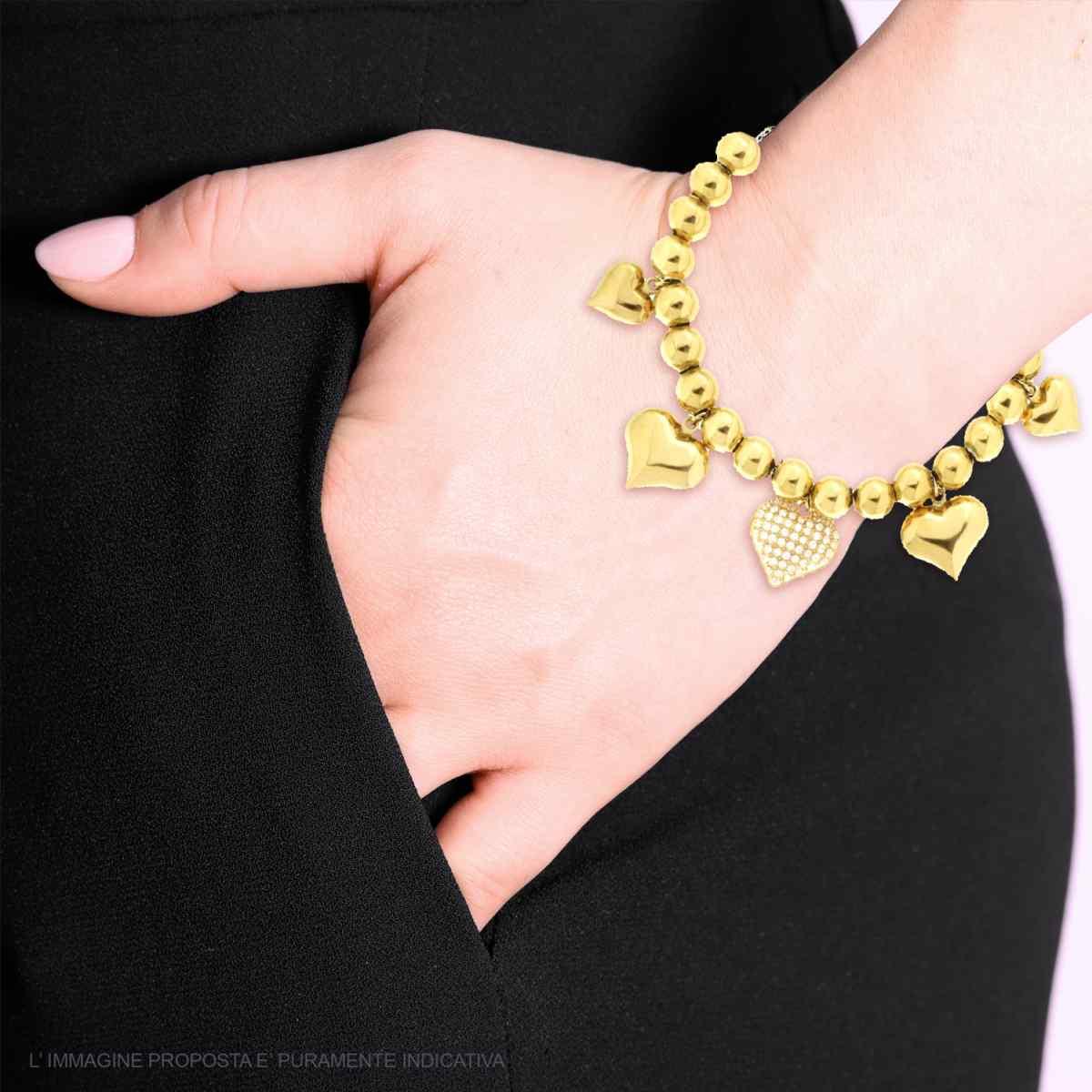 Bracciale Catena Palline con Cuori bombati e Crystal Bianchi in ACCIAIO colore Oro