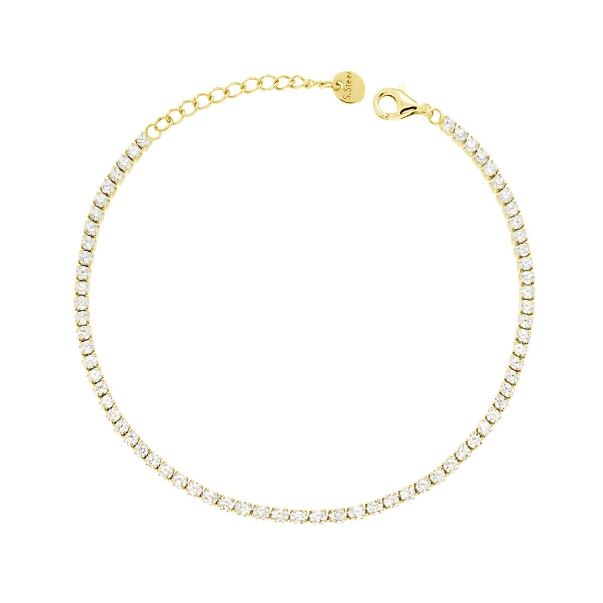 Bracciale Tennis Griffe cm 17+5 con Crystal mm 2 Bianco in ACCIAIO colore Oro