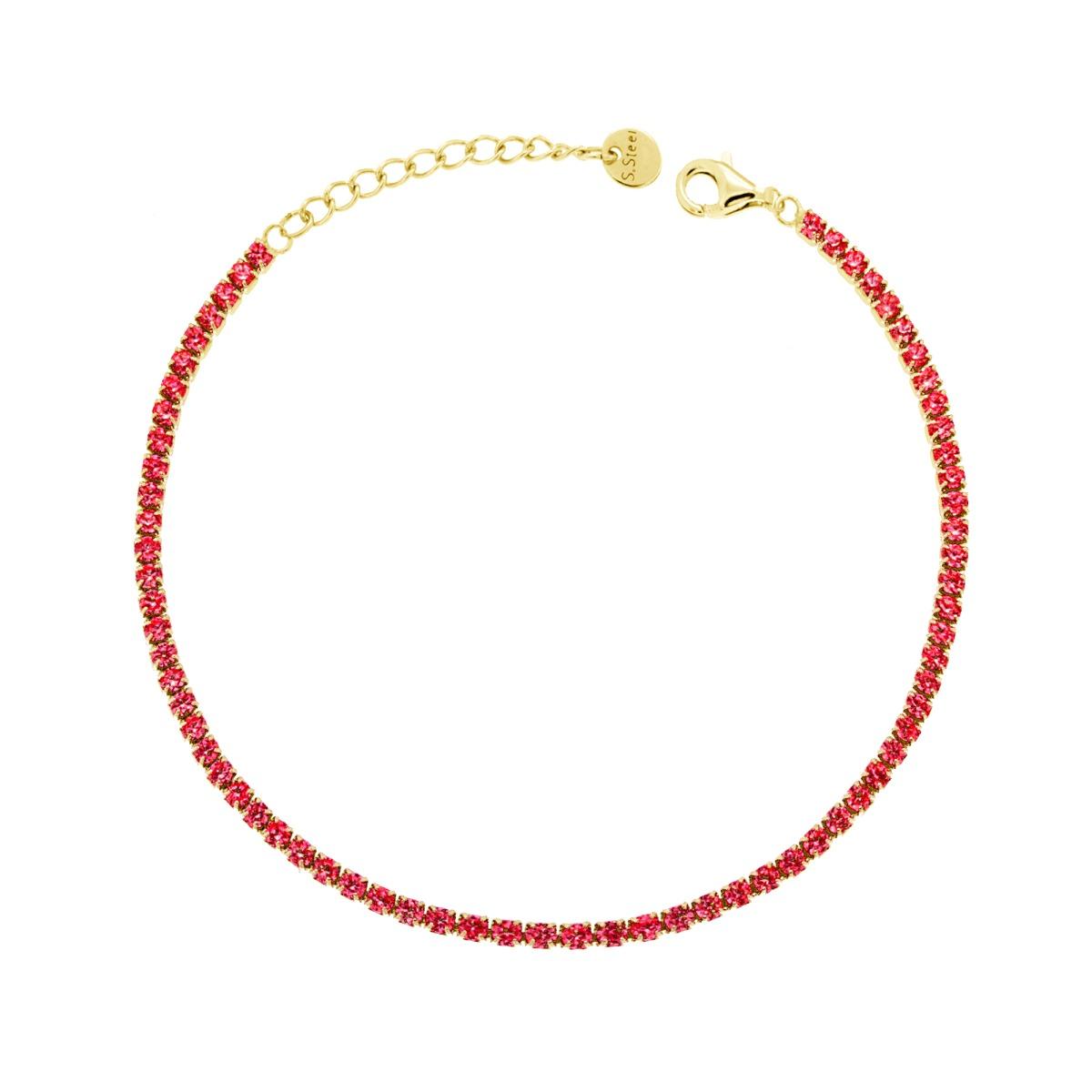 Bracciale Tennis Griffe cm 17+5 con Crystal mm 2 Rosso Rubino in ACCIAIO colore Oro