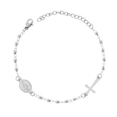 Bracciale Rosario cm 18+5 con Grani Pallina Liscia mm 3 con Croce e Medaglia Madonna in ACCIAIO