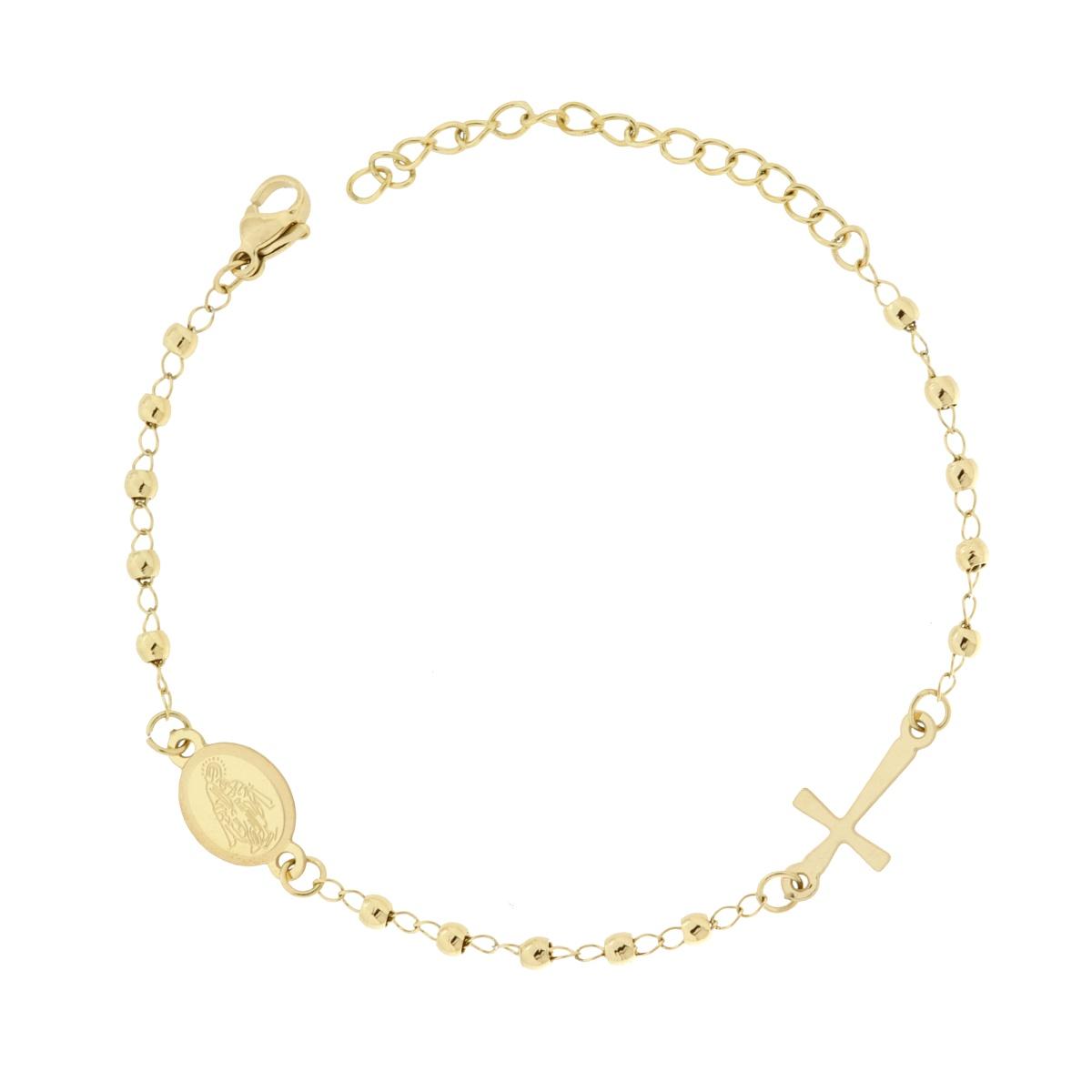 Bracciale Rosario cm 18+5 con Grani Pallina Liscia mm 3 con Croce e Medaglia Madonna in ACCIAIO colore Oro