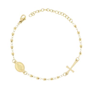 Bracciale Rosario cm 18+5 con Grani Pallina Liscia mm 3 con Croce e Medaglia Madonna in ACCIAIO colore Oro
