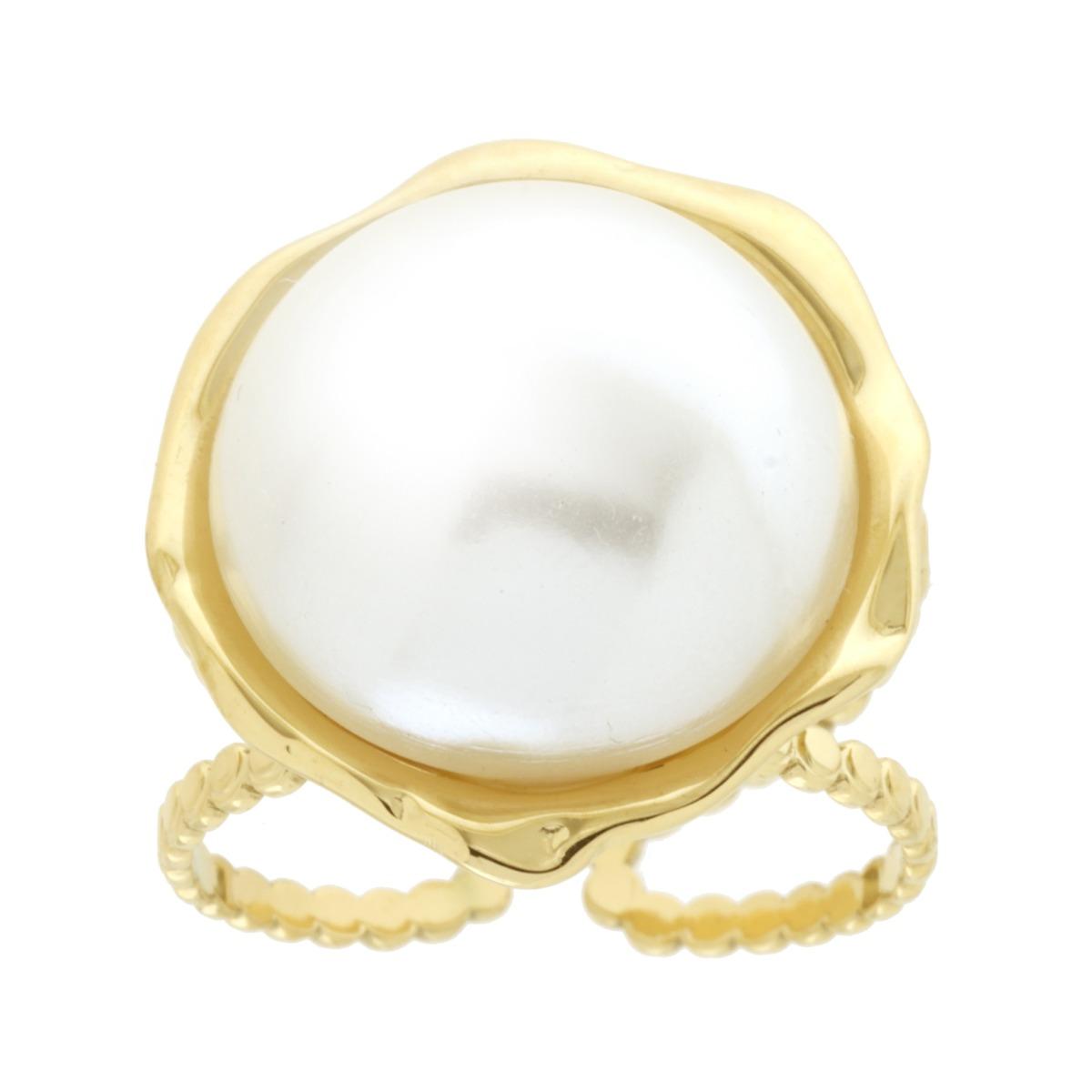 Anello doppio Gambo Pallinato con Perla in ACCIAIO color Oro