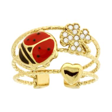 Anello Fascia filo Diamantato con Coccinella Smalto Rosso Cuore e Quadrifoglio con Crystal Bianchi in ACCIAIO colore Oro