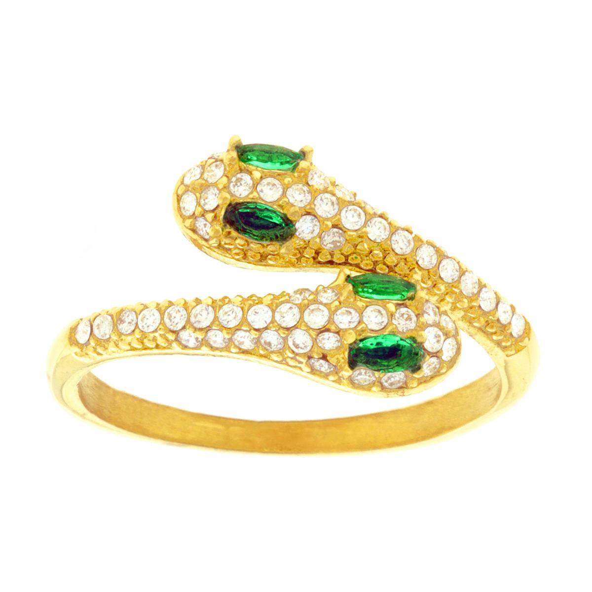 Anello Contrarie Serpenti con Crystal Bianchi e Verde Smeraldo in ACCIAIO colore Oro