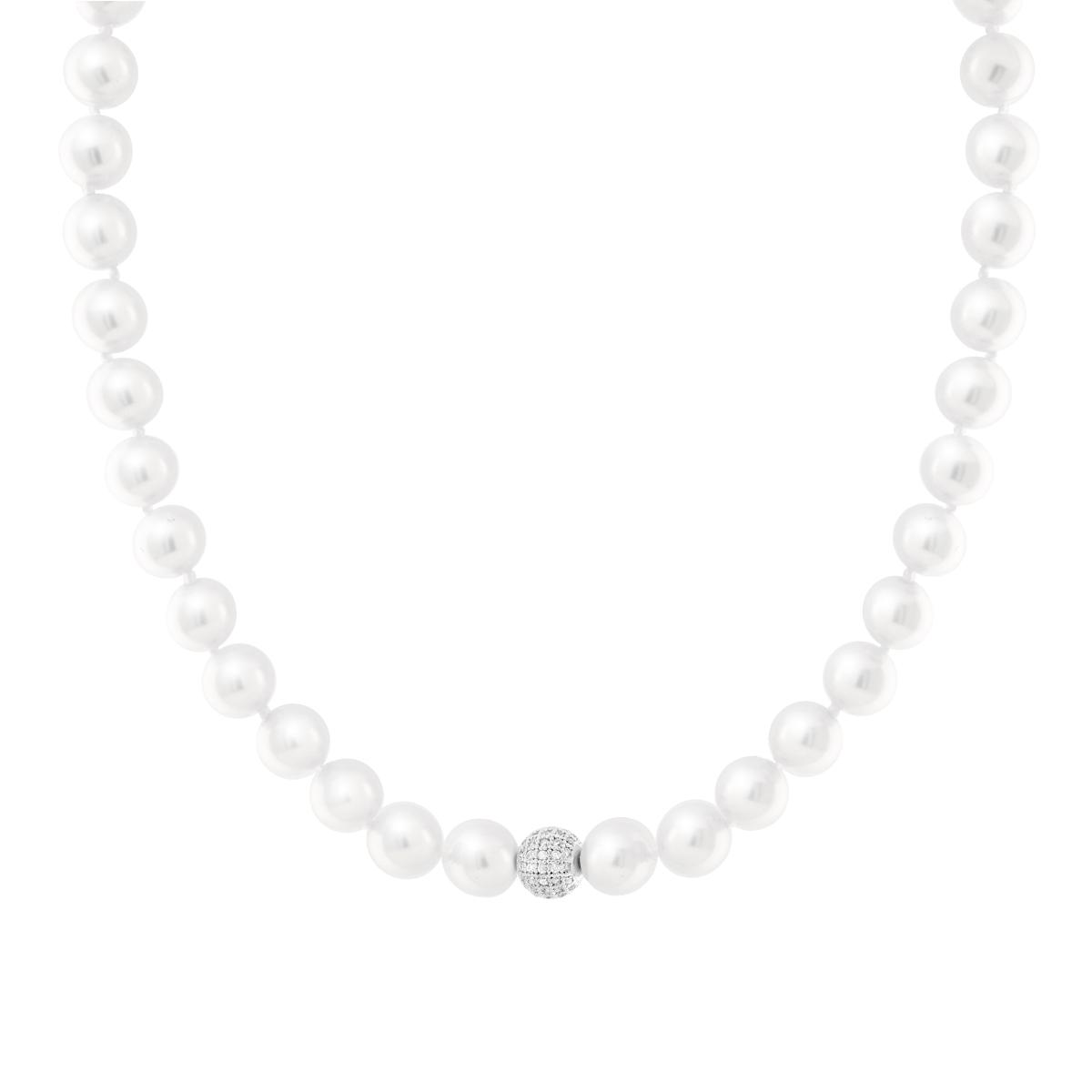 Collana filo Perle mm 10 con Sfera Centrale Crystal Bianchi in ACCIAIO