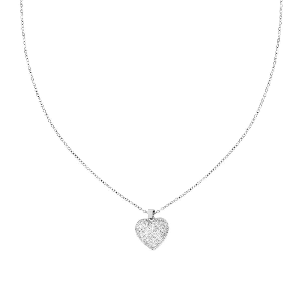 Collana Catena Forzatina Diamantata con Cuore Bombato e Crystal Bianchi in ACCIAIO