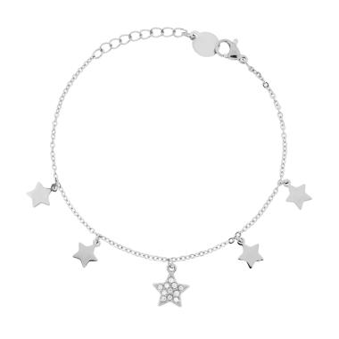 Bracciale Catena Forzatina Diamantata con Stelle plain pendenti e Crystal Bianchi in ACCIAIO