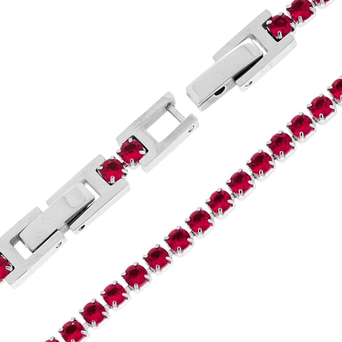 Bracciale Tennis Griffe cm 17-19 con Crystal mm 3 Rosso Rubino regolabile in ACCIAIO