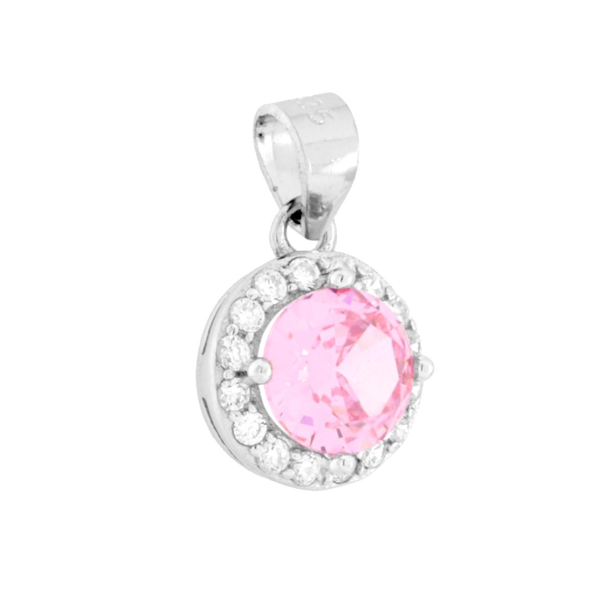 Ciondolo Tondo Rosa con Cubic Zirconia Bianchi in ARGENTO 925 Galvanica Rodio