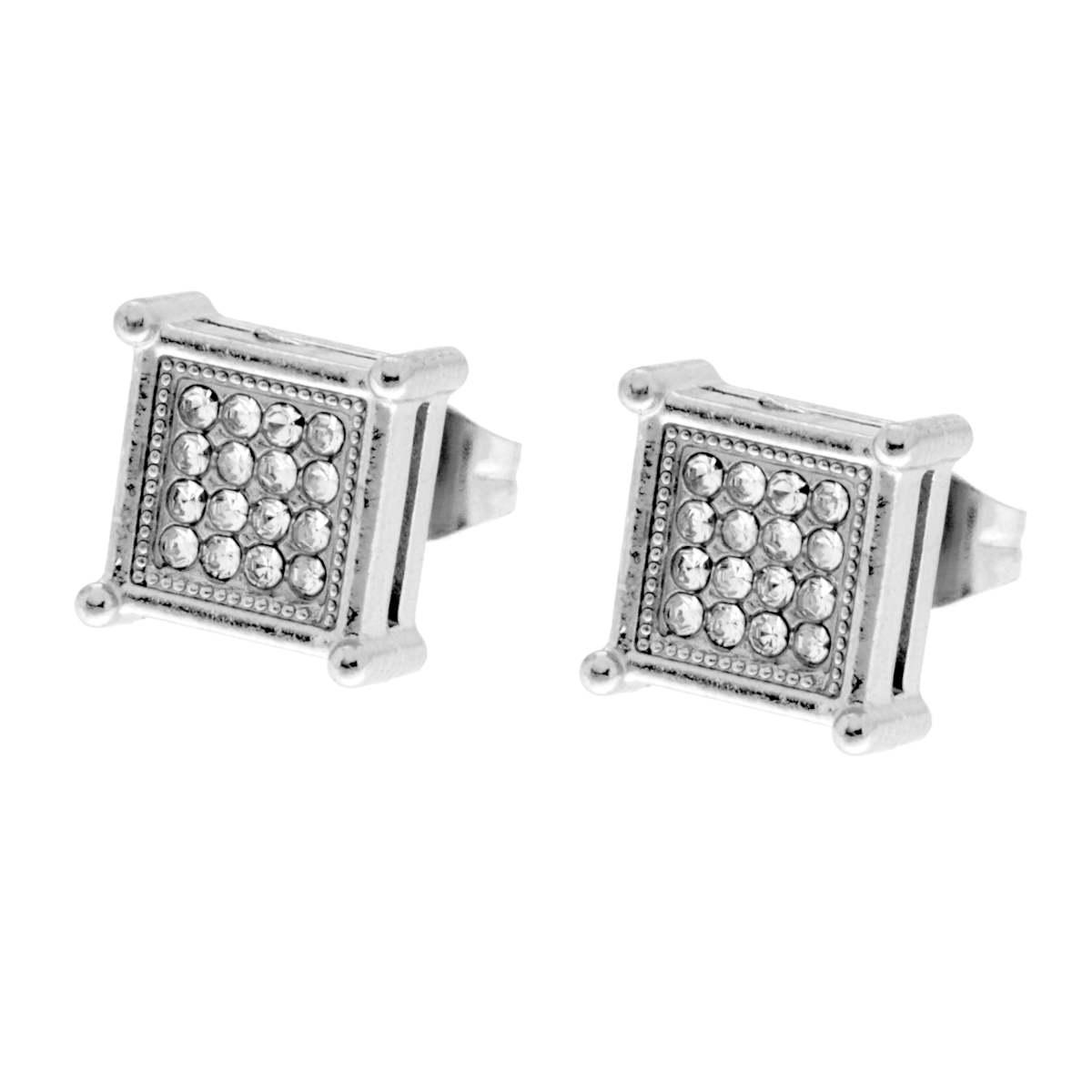 Orecchini Quadrati mm 9 con Crystal Bianchi in ACCIAIO