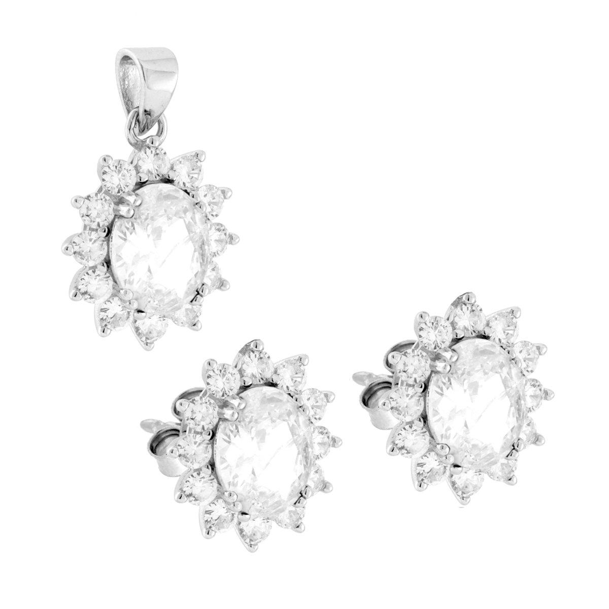 Parure Set Orecchini e Ciondolo Ovale Cubic Bianco contornato da Cubic Zirconia Bianchi in ARGENTO 925 Galvanica Rodio