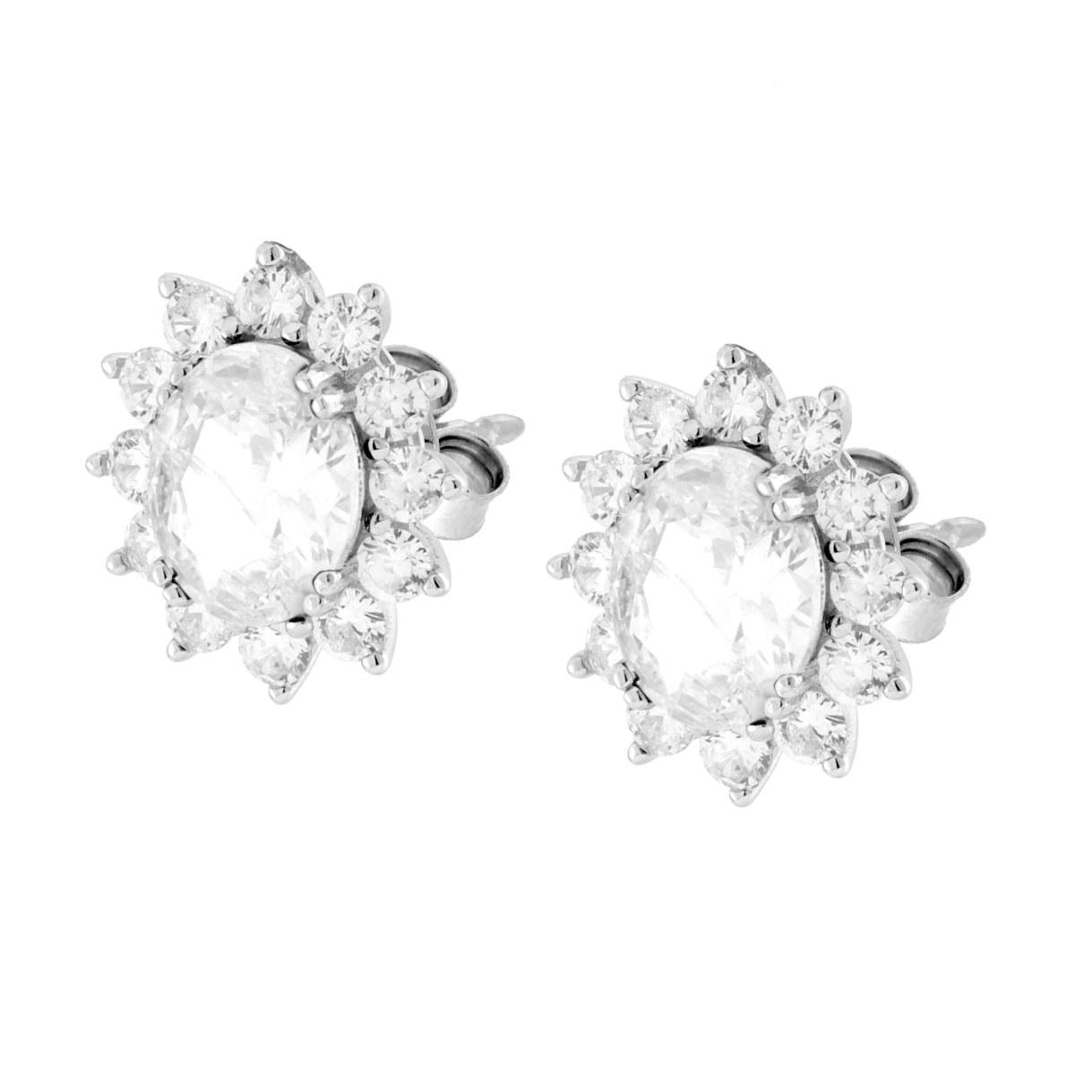 Parure Set Orecchini e Ciondolo Ovale Cubic Bianco contornato da Cubic Zirconia Bianchi in ARGENTO 925 Galvanica Rodio