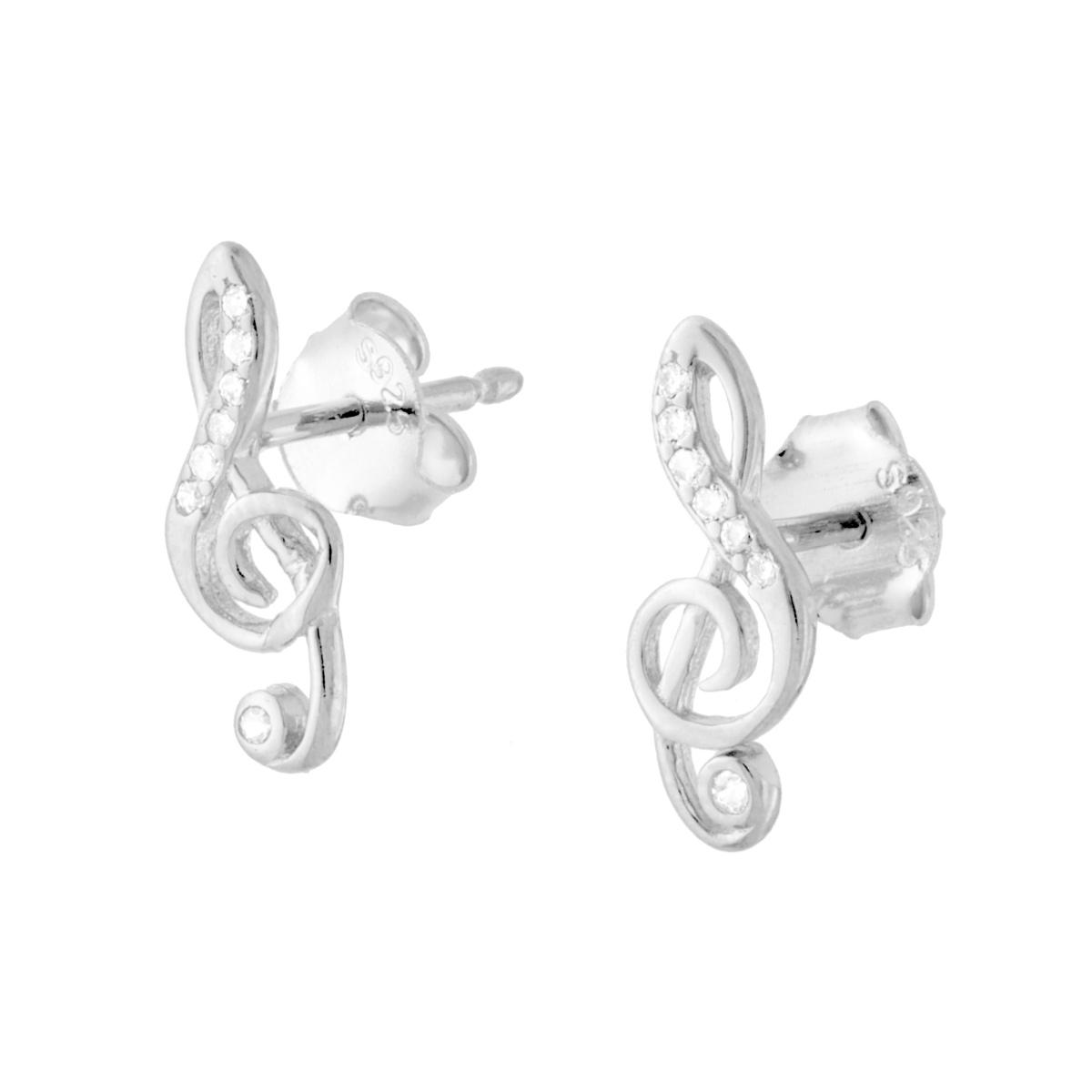 Parure Set Orecchini e Ciondolo Chiave Musicale di Violino con Cubic Zirconia Bianchi in ARGENTO 925 Galvanica Rodio