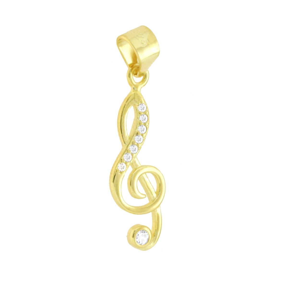 Parure Set Orecchini e Ciondolo Chiave Musicale di Violino con Cubic Zirconia Bianchi in ARGENTO 925 Galvanica Oro