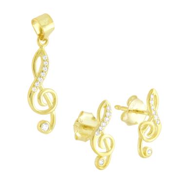 Parure Set Orecchini e Ciondolo Chiave Musicale di Violino con Cubic Zirconia Bianchi in ARGENTO 925 Galvanica Oro