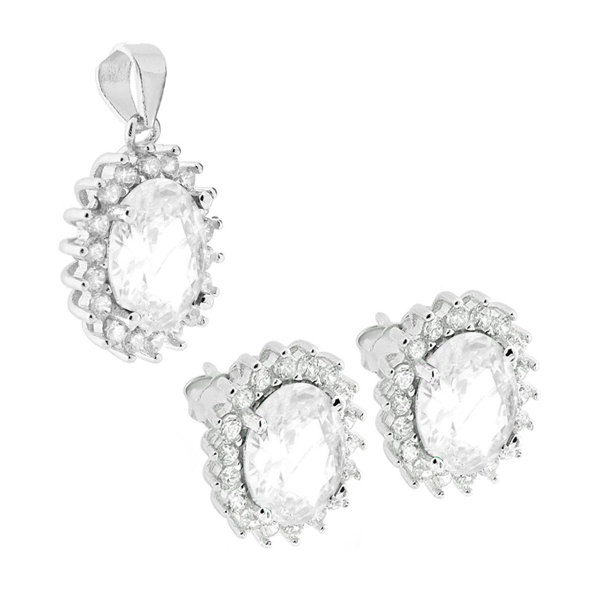 Parure Set Orecchini e Ciondolo Ovale Cubic Zirconia Bianco contornato da Cubic Zirconia Bianchi in ARGENTO 925 Galvanica Rodio
