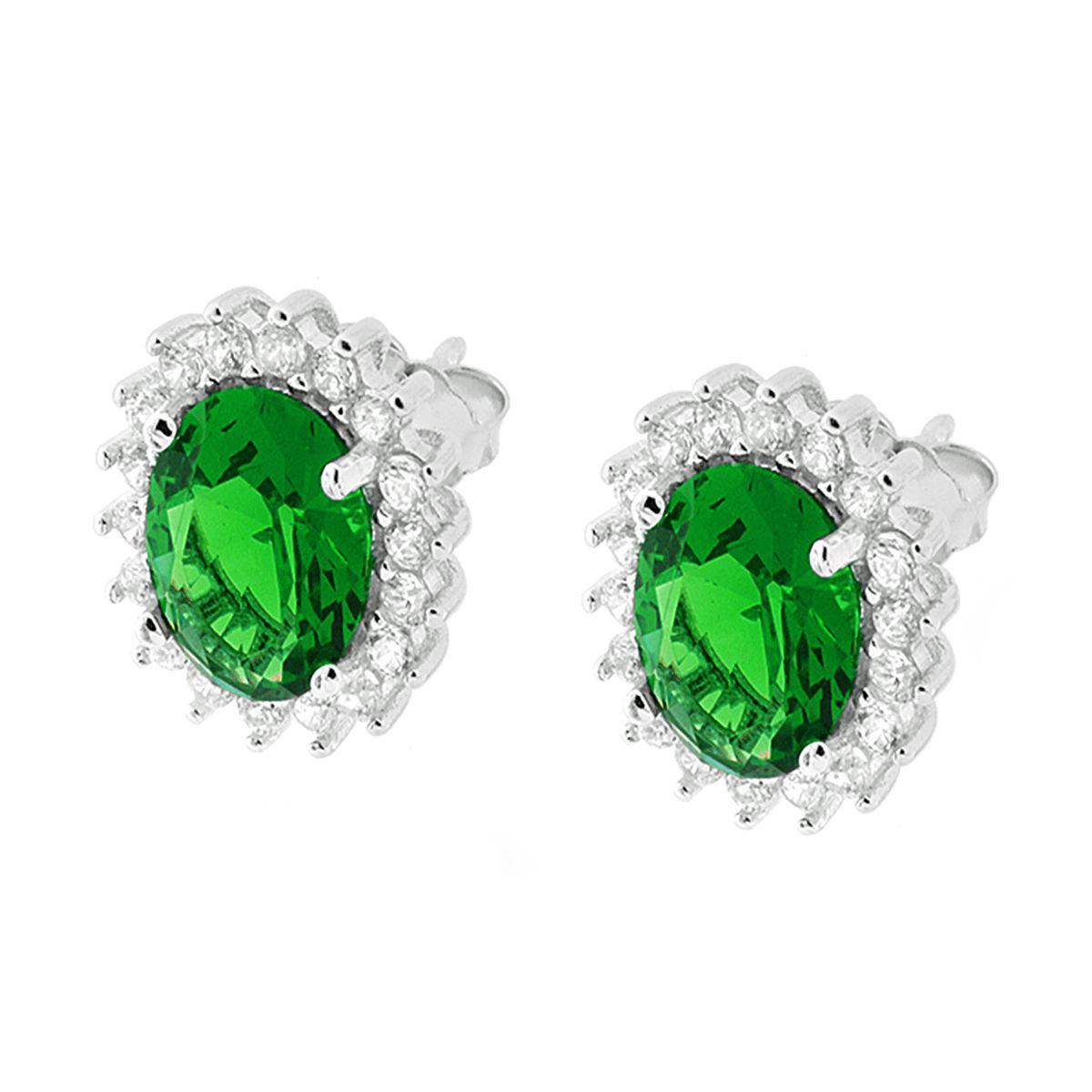 Parure Set Orecchini e Ciondolo Ovale Verde Smeraldo contornato con Cubic Zirconia Bianchi in ARGENTO 925 Galvanica Rodio