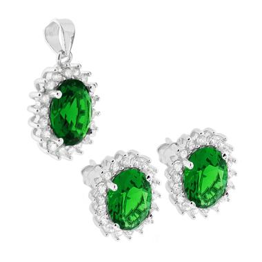 Parure Set Orecchini e Ciondolo Ovale Verde Smeraldo contornato con Cubic Zirconia Bianchi in ARGENTO 925 Galvanica Rodio