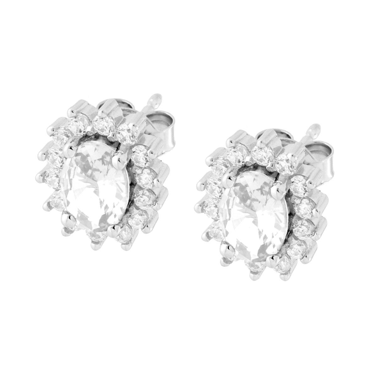 Parure Set Orecchini e Ciondolo Ovale Cubic Zirconia Bianco contornato da Cubic Zirconia Bianchi in ARGENTO 925 Galvanica Rodio